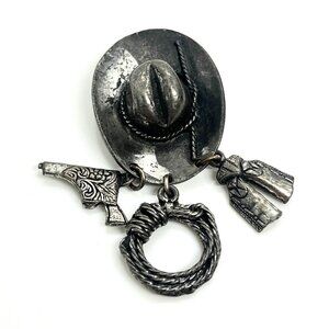 VINTAGE COWBOY HAT Charm Brooch Western Lariat Gun Tassel  Silver Tone Pin